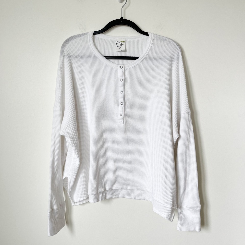 OFFLINE Aerie Waffle Knit Henley Relaxed Fit Shirt Womens Large White Distressed